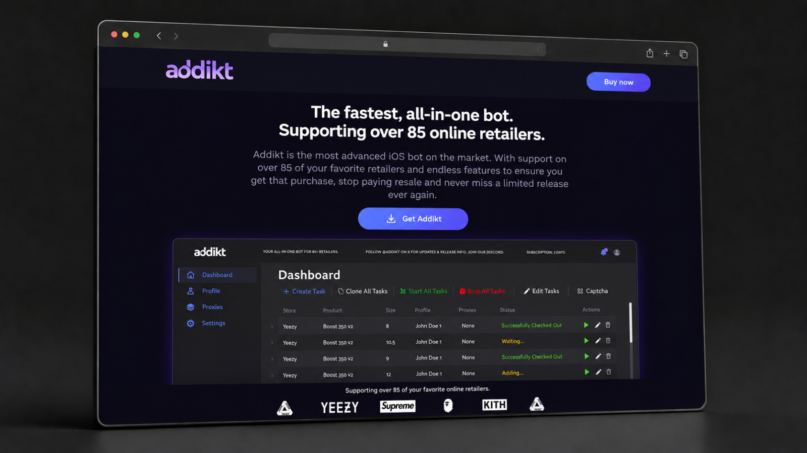 Página de inicio de la web de producto de Addikt con el panel de la aplicación