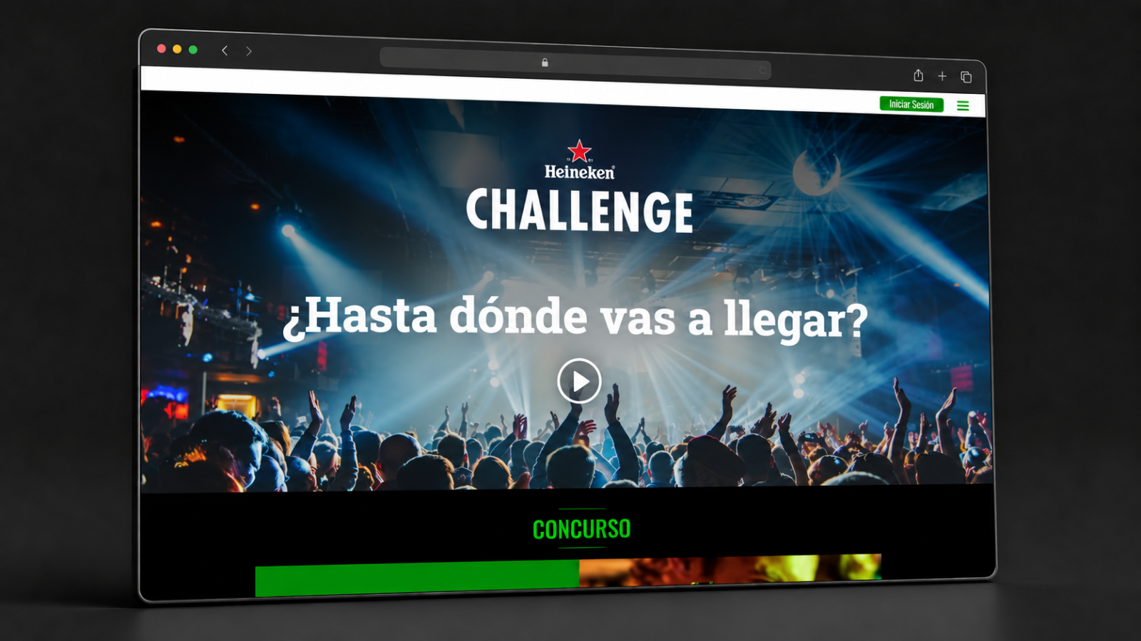 Página de inicio de Heineken Challenge con el concurso y los premios