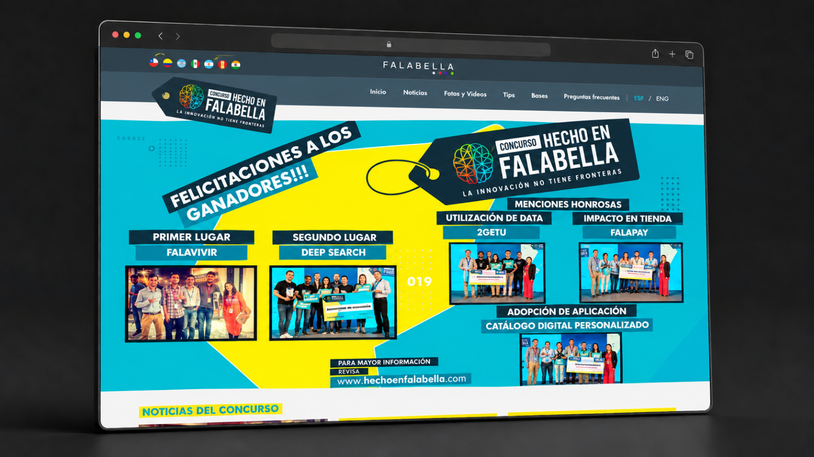 Página de inicio del sitio del concurso Hecho en Falabella con los ganadores y las noticias del concurso