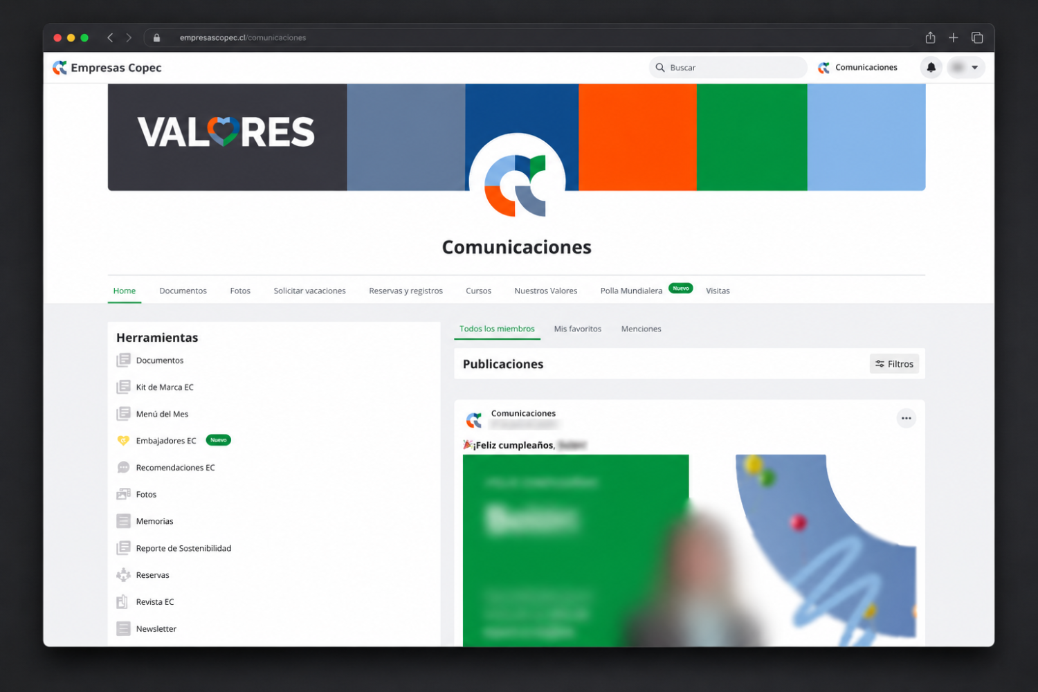 Mockup anonimizado de la experiencia de intranet desarrollada para Empresas Copec
